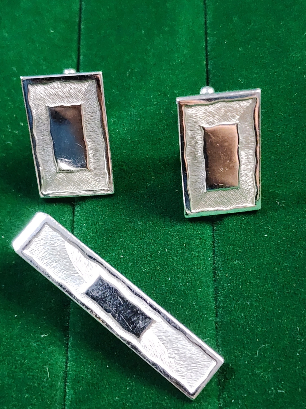 Vintage ANSON Cufflinks Tie Bar Set Silver Tone Rectangular Mid Century Modern